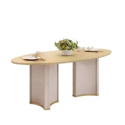 MESA DJ LIZ 218X108 TAMPO ORGANICO C/VIDRO OFF WHITE/DOURADO