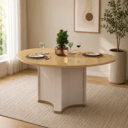 MESA DJ CHANEL 136X136 TAMPO ORGANICO C/VIDRO OFF WHITE/DOURADO