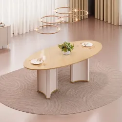 MESA DJ LIZ 218X108 TAMPO ORGANICO C/VIDRO OFF WHITE/DOURADO