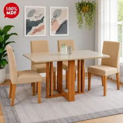 CJ MESA 4C CIMOL FLORA C/VIDRO RETANGULAR 130X80 MAIA CINAMOMO/OFF WHITE/GENGIBRE